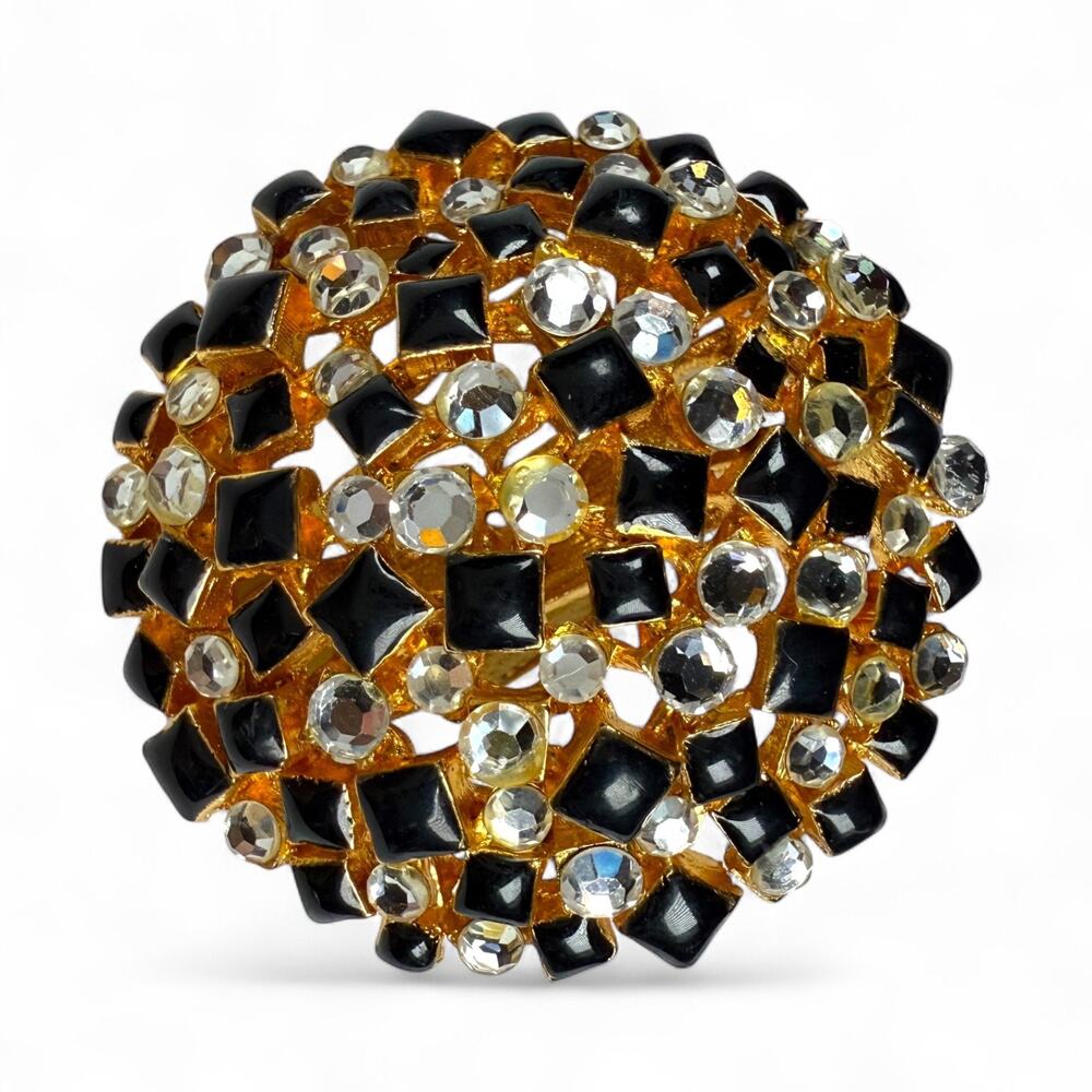CRAFT Vintage Gold Tone Brooch Black & Clear Rhinestones